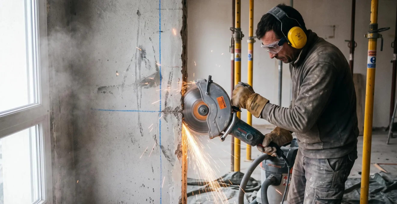 Artisan découpant un mur en béton avec une disqueuse diamant de 350 mm, étincelles visibles au point de coupe, casque anti-bruit et lunettes de protection, étais de soutènement en arrière-plan