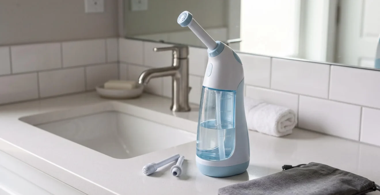 Bidet portable avec réservoir transparent et buses interchangeables posé sur un plan de toilette