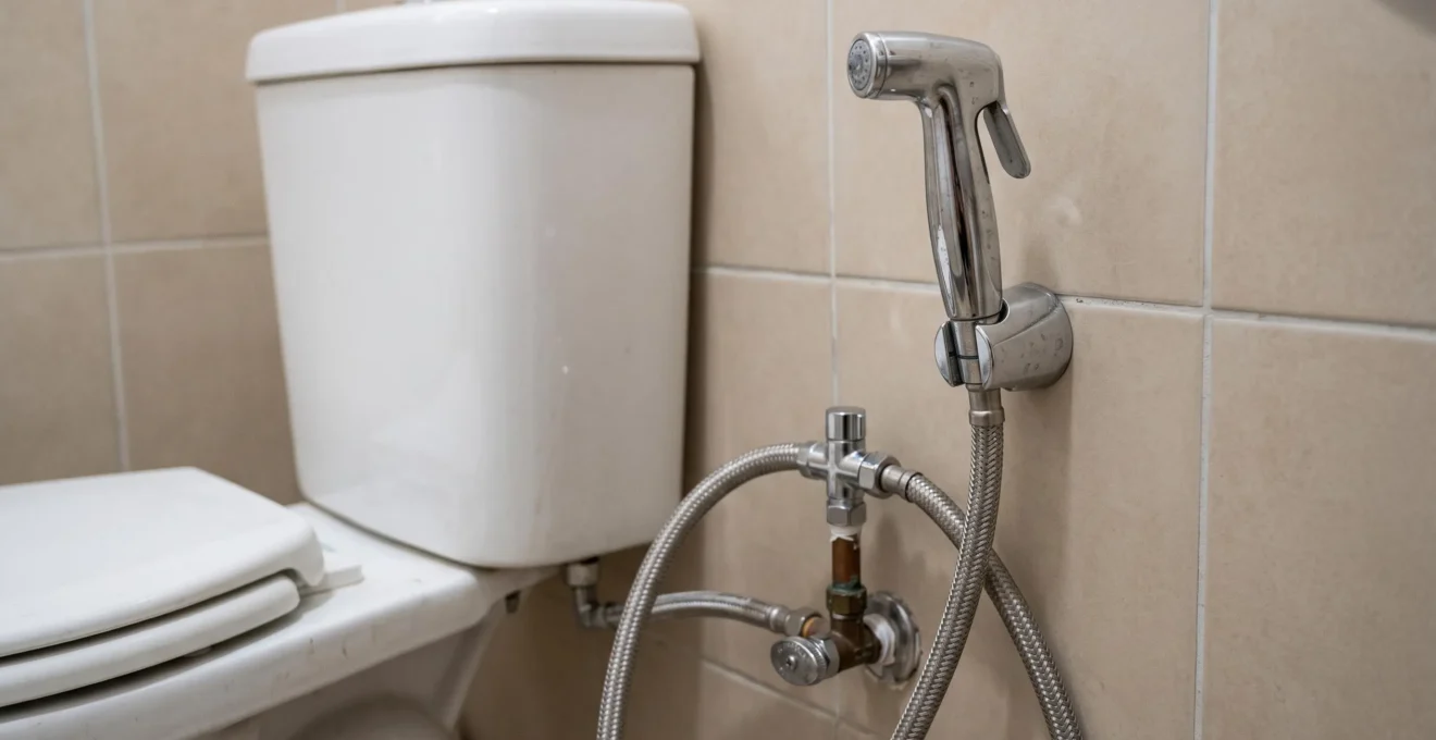 Douchette WC murale en chrome avec flexible et support installée à côté des toilettes