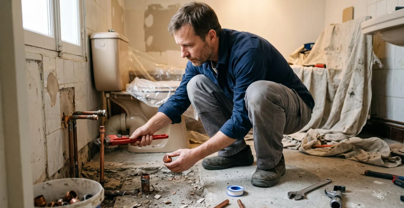 Plombier professionnel travaillant à la suppression d'anciennes arrivées d'eau lors de la rénovation d'une salle de bains