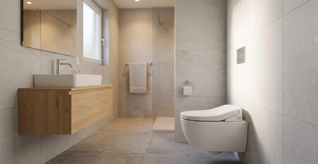WC japonais moderne avec fonction bidet intégrée installé dans une salle de bains contemporaine aux tons clairs