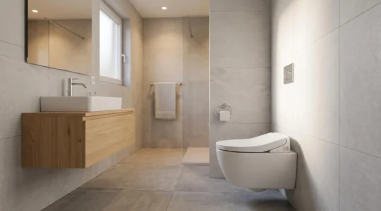 WC japonais moderne avec fonction bidet intégrée installé dans une salle de bains contemporaine aux tons clairs